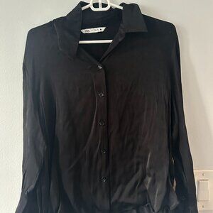 Zara Black Silky Button Up Top - Size L